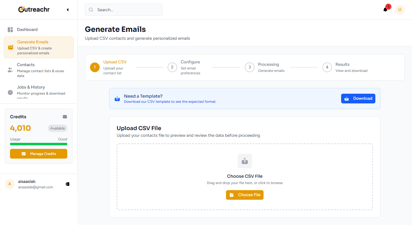 OmniOutreachr Dashboard - AI-Powered Email Generation Interface
